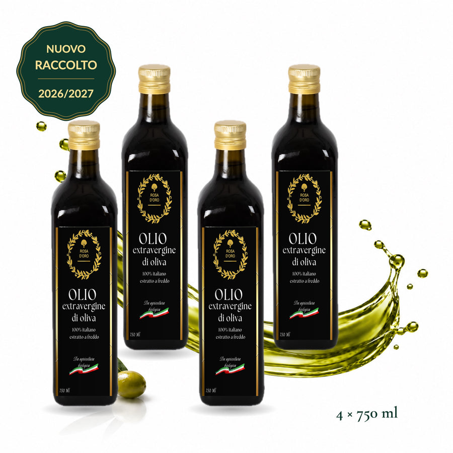 Vier Flaschen à 750 ml Rosa D’Oro natives Olivenöl extra, neue Ernte 2026/2027